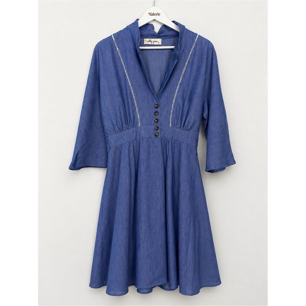 Molly Green Denim Style Collared Long Sleeve Mini Retro Style Dress Medium
